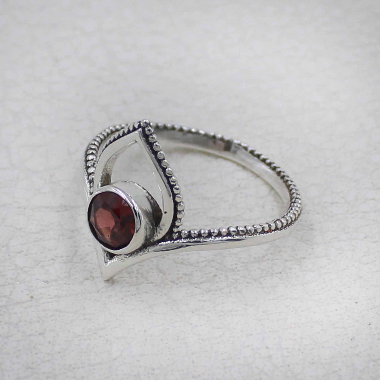 Sterling silver garnet faceted lotus ring with beaded band #BC0406