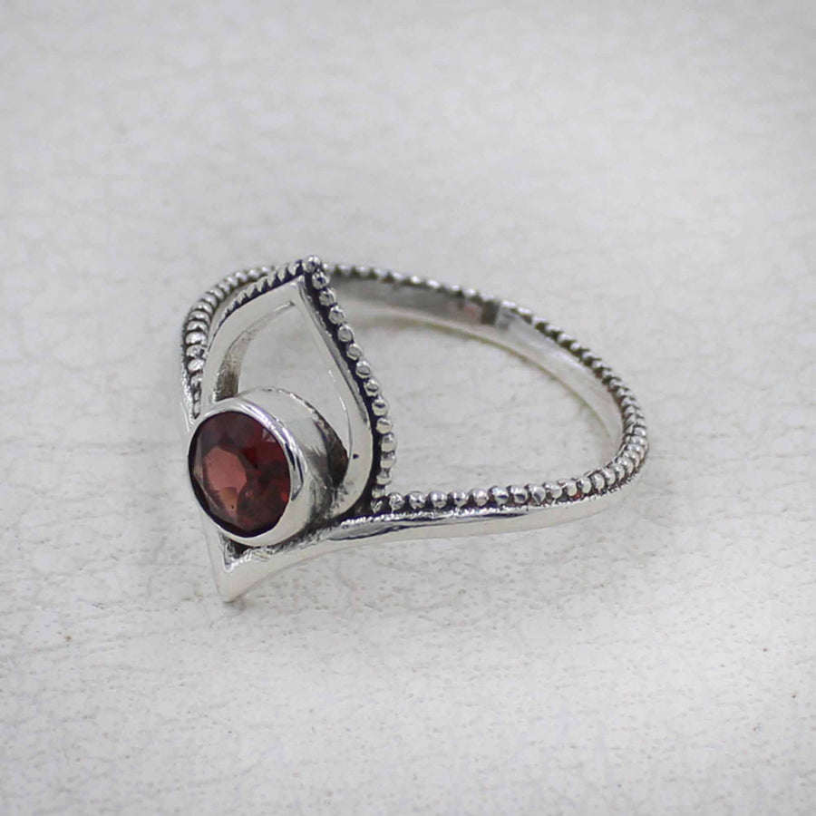 Sterling silver garnet faceted lotus ring with beaded band #BC0406