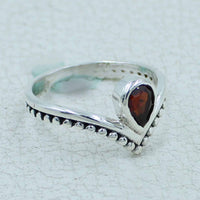 Garnet faceted V-shape sterling silver ring BC0410 with teardrop stone