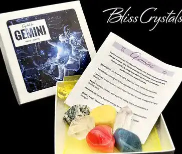Gemini zodiac-themed crystal set with information card and colorful healing stones.