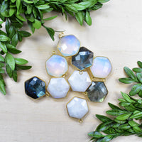 Gold faceted hexagon moonstone labradorite gemstone necklace pendant