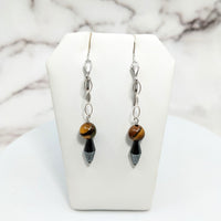 Gold Tiger’s Eye Drop Bead Earrings with Hematite - #SK9507 in Sterling Silver
