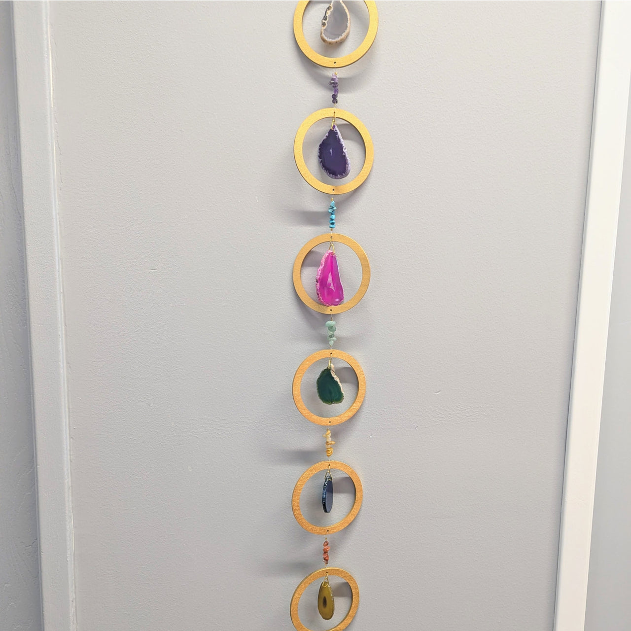 Hanging decorative agate and wood mobile with Gold Wooden Ring 36 and Agate Slice Suncatcher