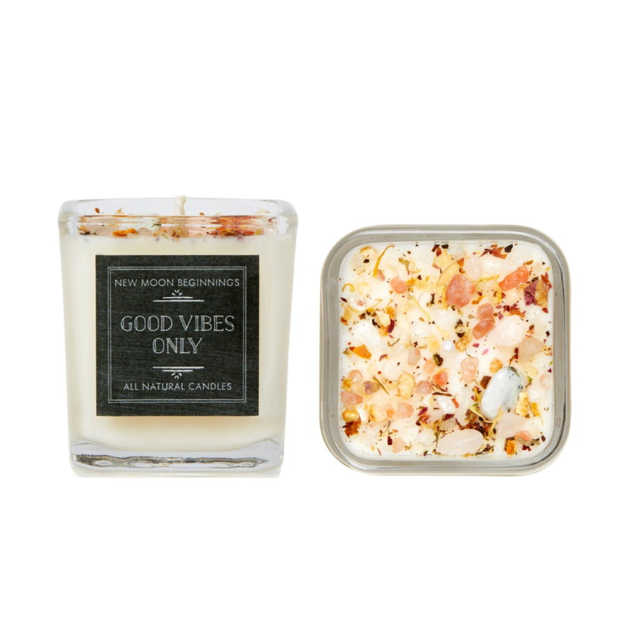 Good Vibes Only soy ritual candle with crystals in glass jar