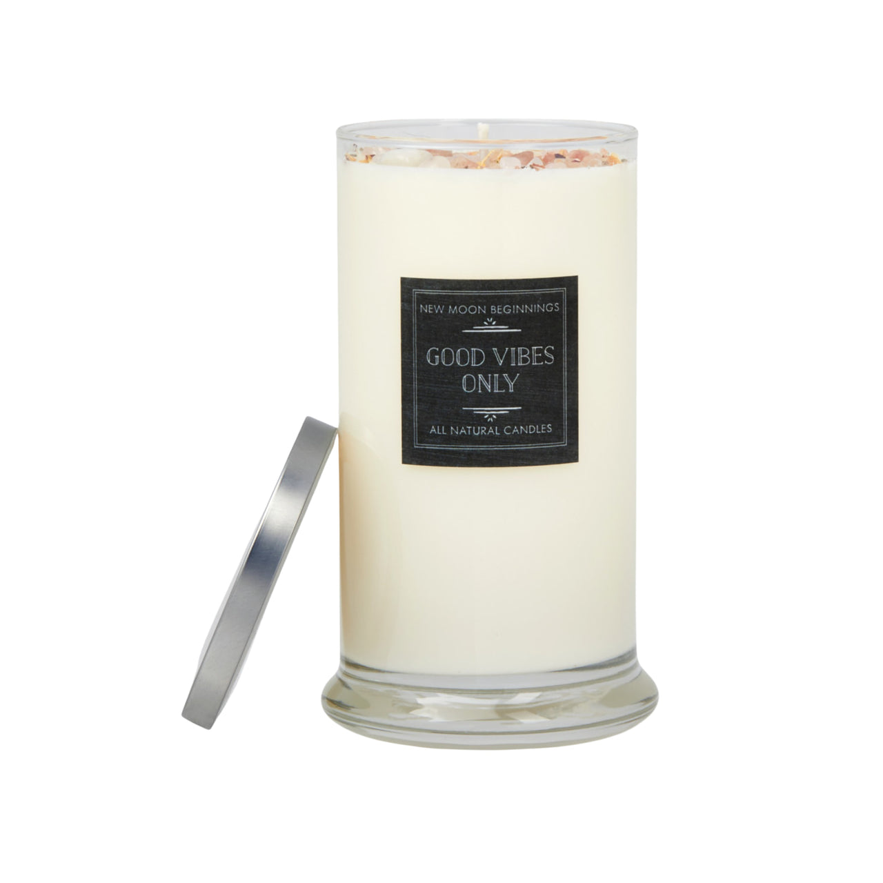 Good Vibes Only ritual soy candle in clear glass jar with silver lid by New Moon Beginnings