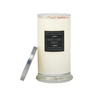 Good Vibes Only ritual soy candle in clear glass jar with silver lid by New Moon Beginnings