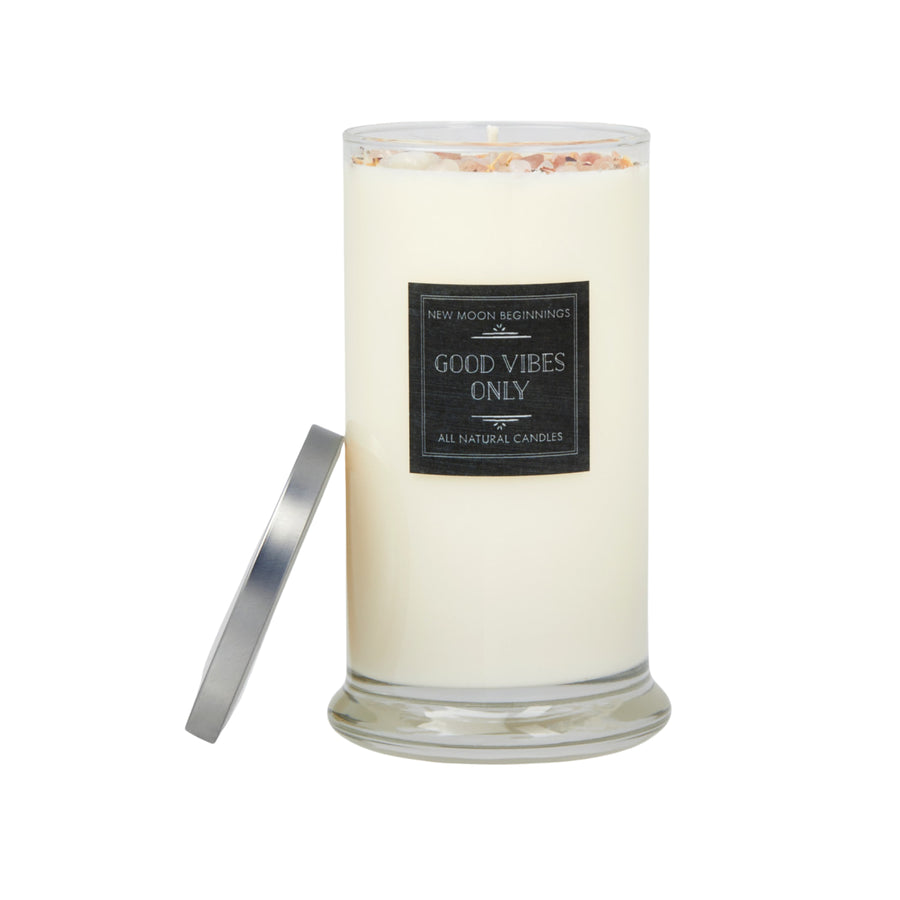 Good Vibes Only ritual soy candle in clear glass jar with silver lid by New Moon Beginnings
