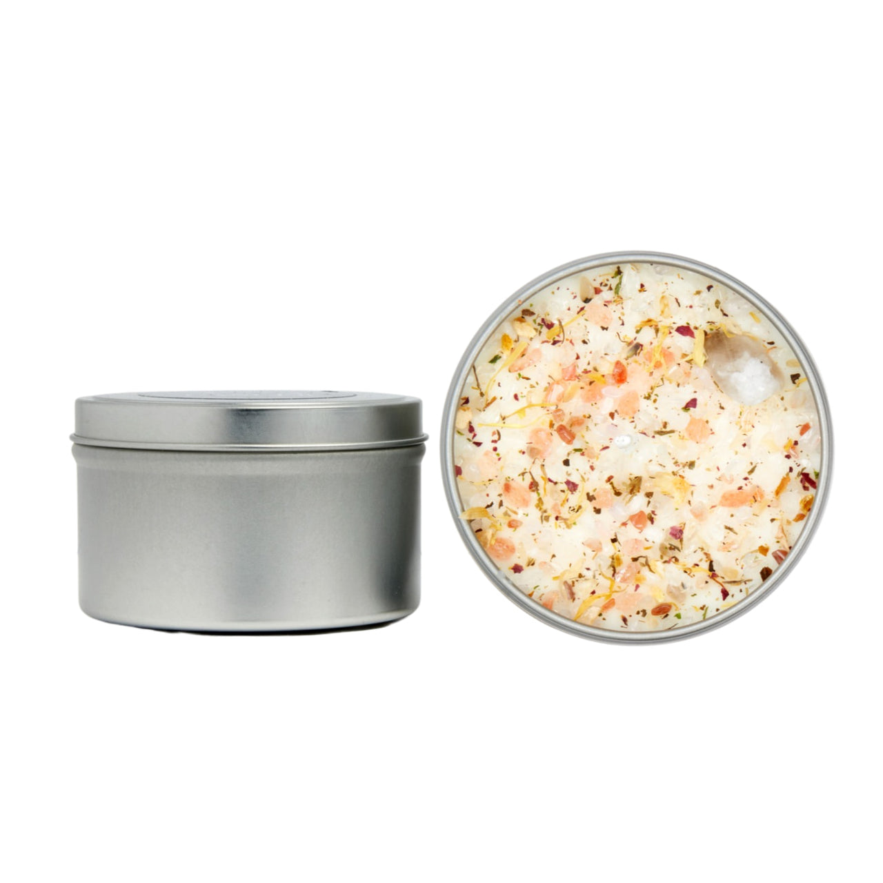 Good Vibes Only pink and white bath salts with herbs and petals in silver tin