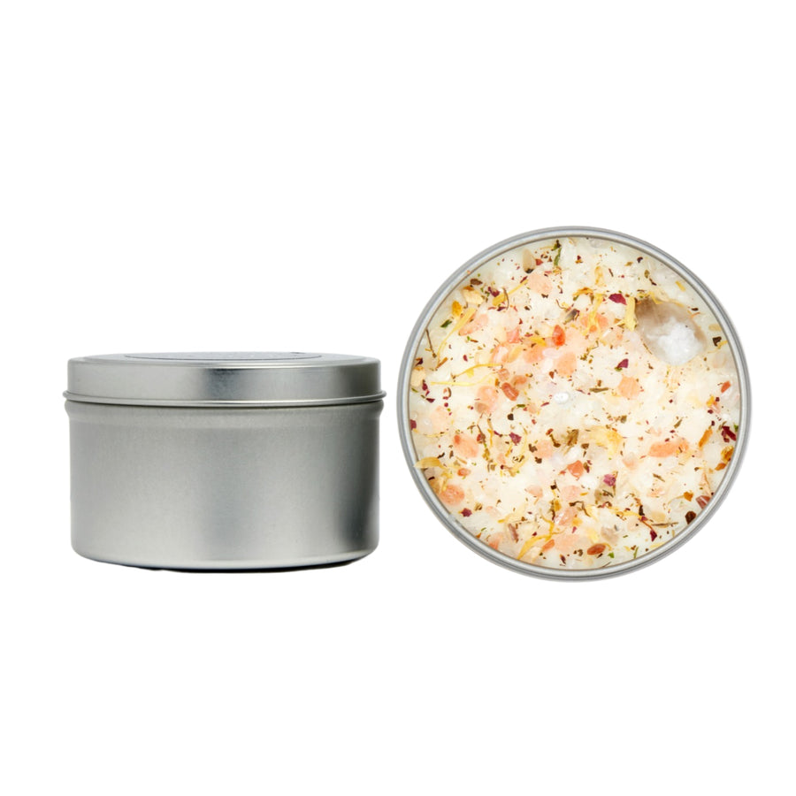 Good Vibes Only pink and white bath salts with herbs and petals in silver tin