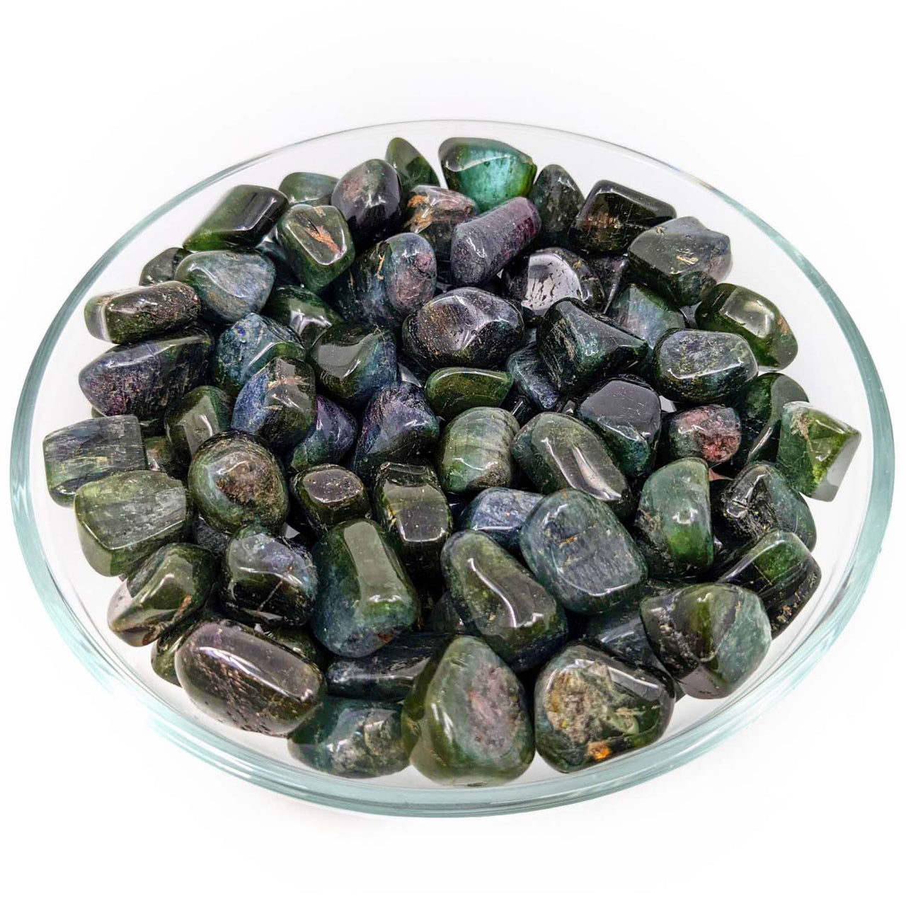 Polished dark green Apatite stones in a dish featured with Watermelon Tourmaline Tumbled Stone