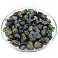 Polished dark green Apatite stones in a dish featured with Watermelon Tourmaline Tumbled Stone