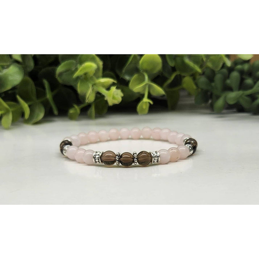 Rose Quartz and Smoky Quartz Beaded Bracelet with Silver Accents, 7.5