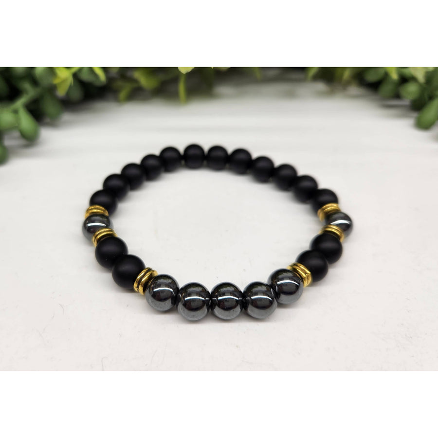 Black Obsidian Matte Hematite Bracelet with Gold Accents LV9519