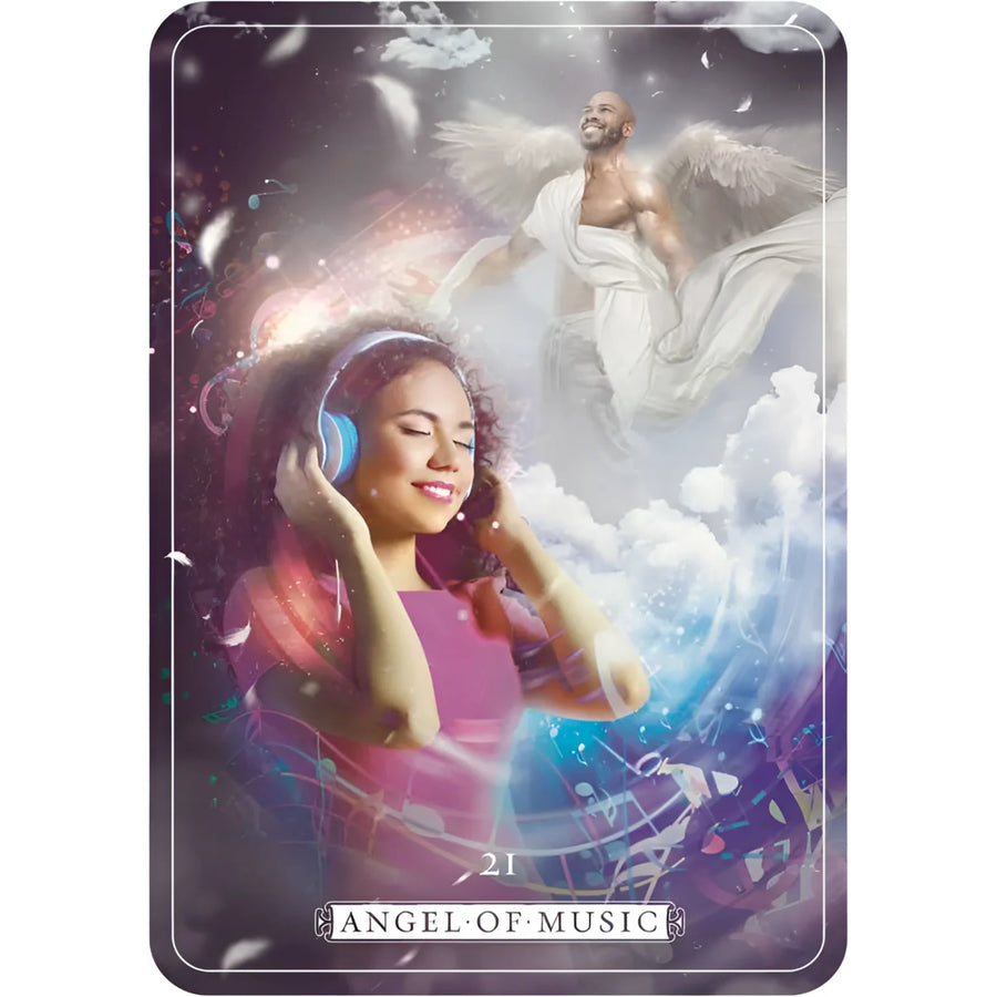 Angel of Music tarot card from Guardian Angel Oracle by Debbie Malone showcasing bliss crystals