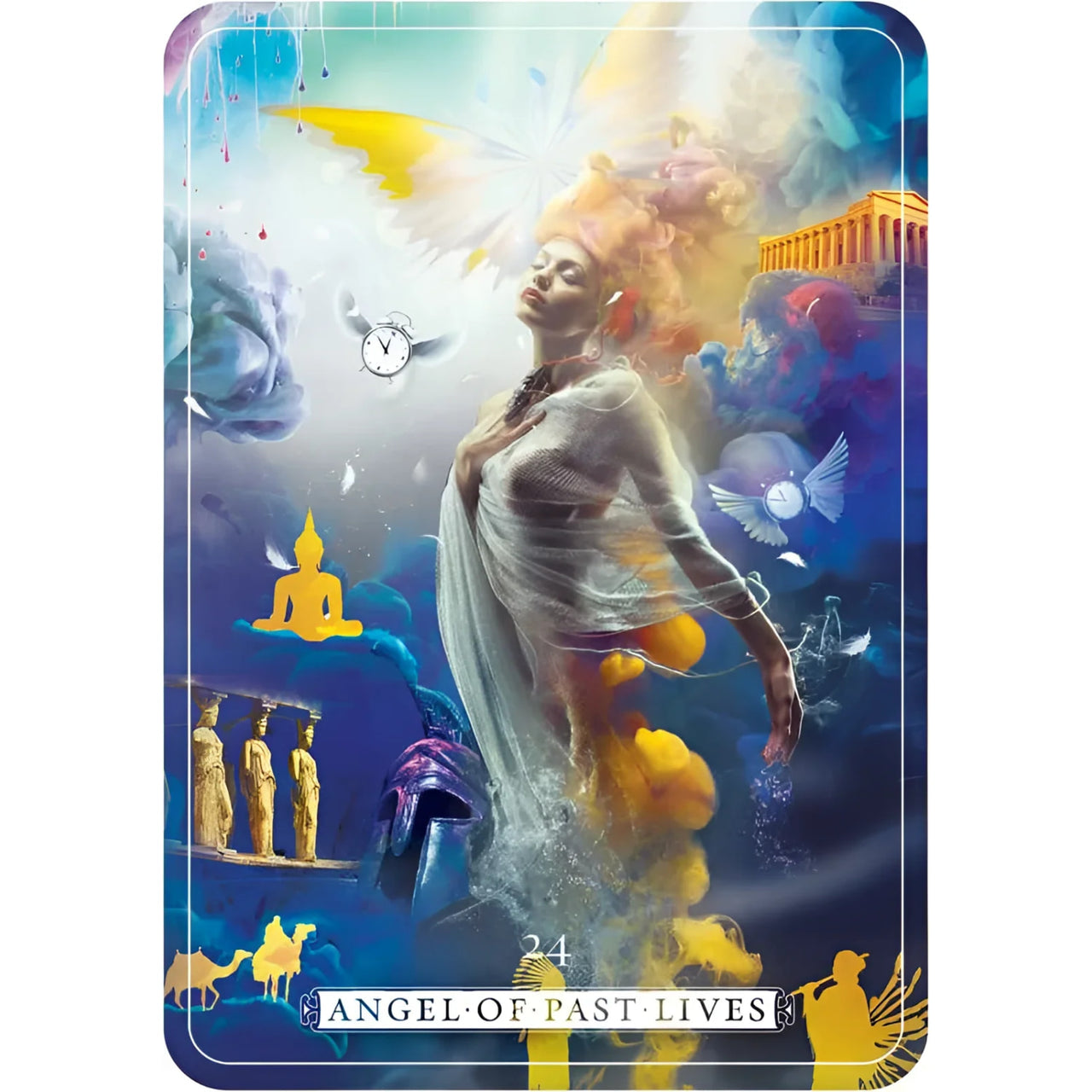 Angel of Past Lives tarot card from Guardian Angel Oracle by Debbie Malone with Bliss Crystals