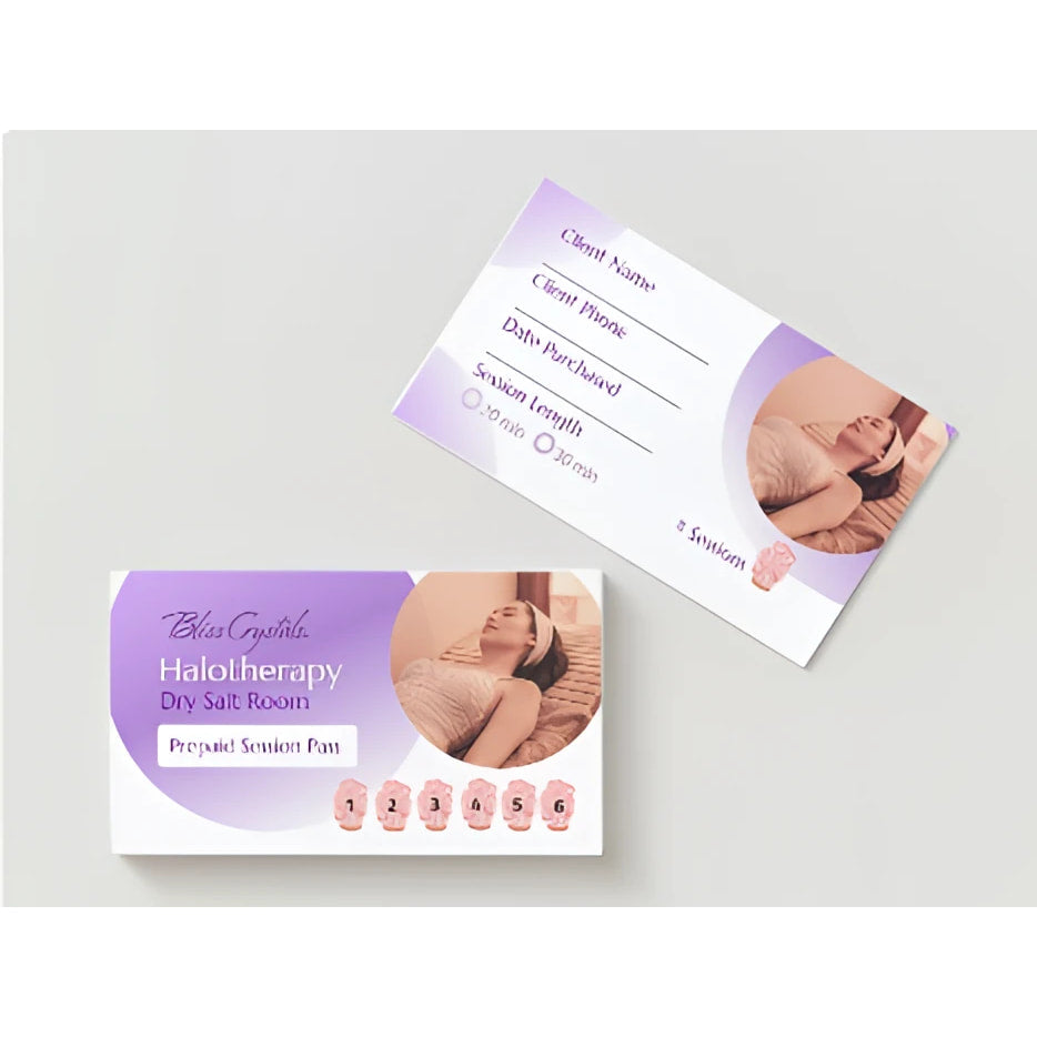 Purple and white halotherapy dry salt room prepaid session pass with circular photo of person receiving treatment