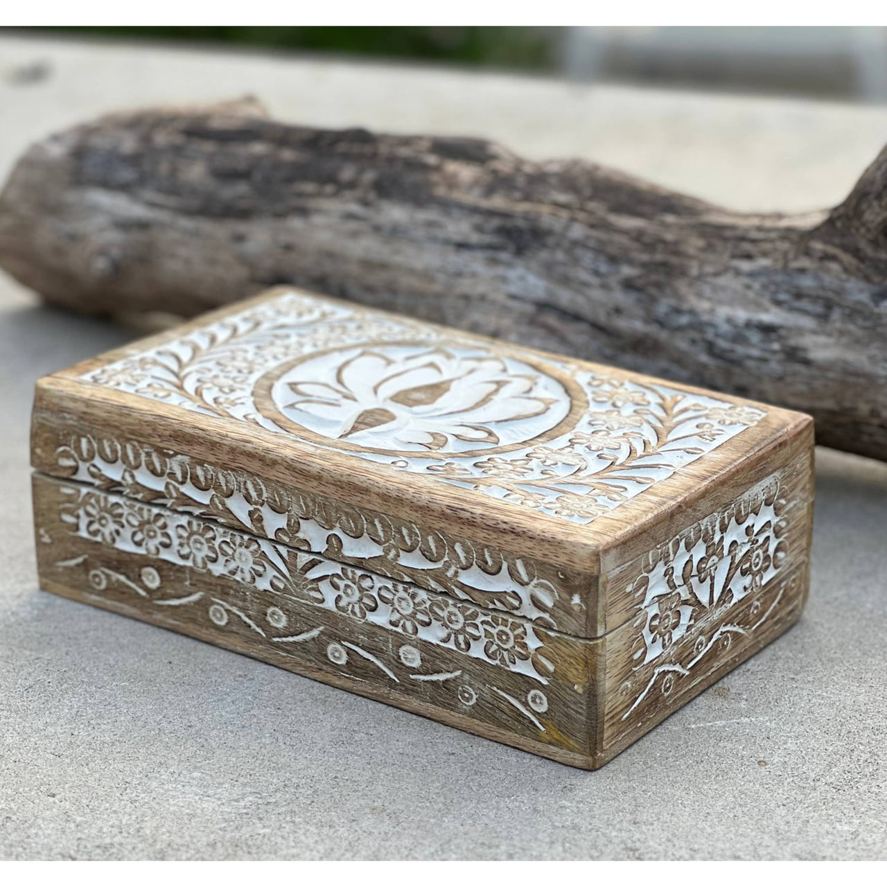 Hand Carved Lotus Wooden Box with Floral Design for Elegant Storage