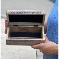 Open carved wooden Lotus box showcasing intricate handcrafted storage design