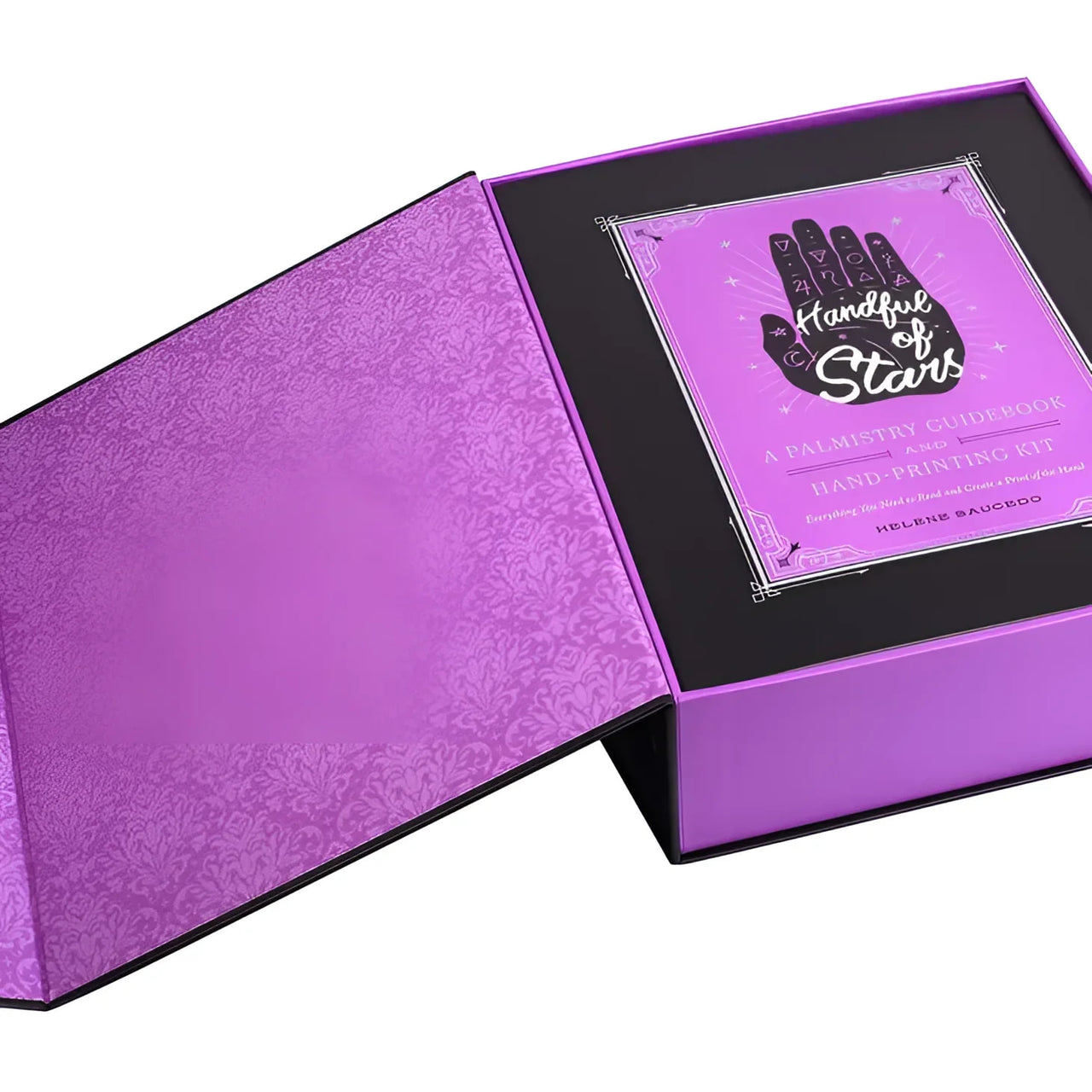 Purple box with black and white design for Handful of Stars: Palmistry Guidebook by Helene Saucedo