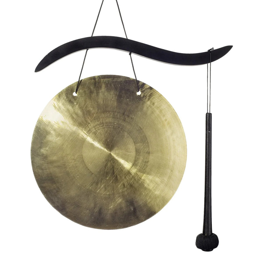 Hanging Woodstock #WCBHG gold gong with black handle on wooden stand