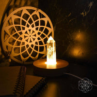 Golden crystal pyramid light on wooden mandala base, Healing Quartz Lamp LV9548