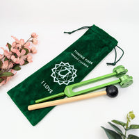 Green heart chakra tuning fork with mallet and pouch for healing and energy balancing
