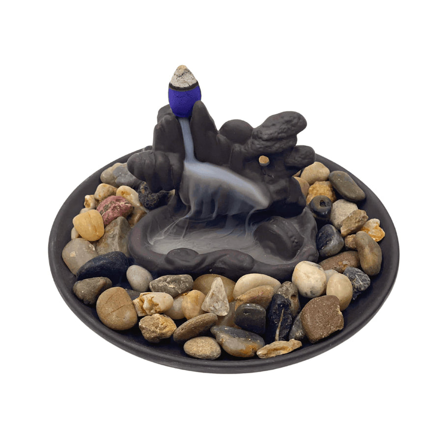 Incense burner with decorative rocks showcasing Incense Back Flow Waterfall #LV7340
