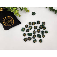Jade green stone runes with gold inscriptions in velvet pouch LV9506
