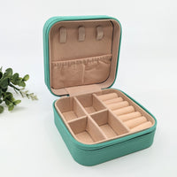 Green leather jewelry box with compartments for travel, Jewelry Organizer Travel Size Case