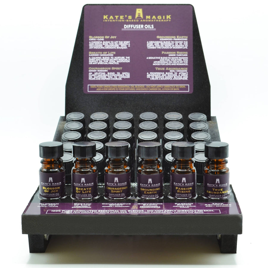 Kate’s Magik essential oil diffuser in amber glass bottle with black cap and purple label #BC0414