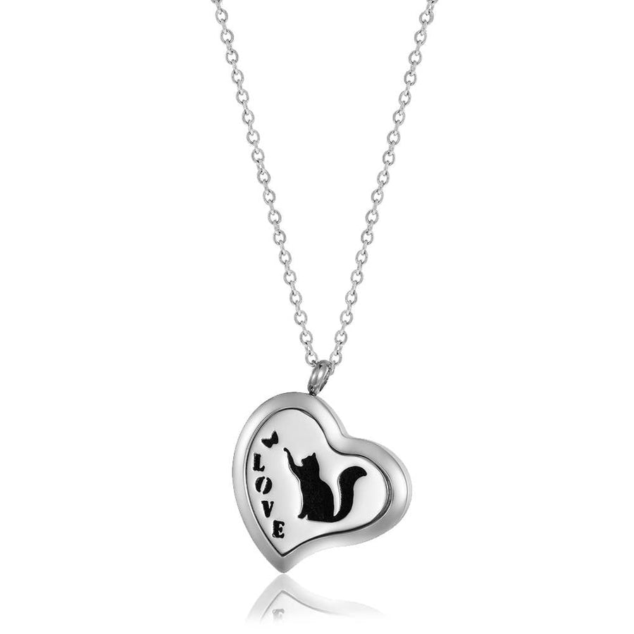 Silver heart locket necklace with black cat silhouette and love engraving
