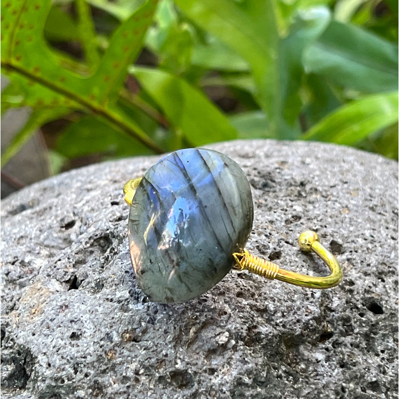 Labradorite Large Gemstone Gold Bangle Cuff Bracelet