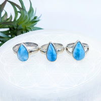 Three silver teardrop rings featuring turquoise blue stones in Larimar S.S. Teardrop Ring LV7010