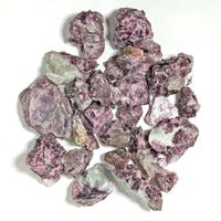 Collection of rough purple and green fluorite crystals in Lepidolite Rough 28g Parcel
