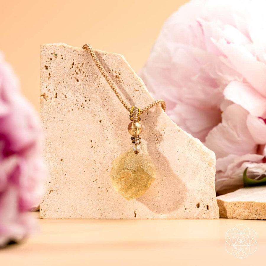 Libyan Desert Glass Pendant Necklace with Citrine and Pearls