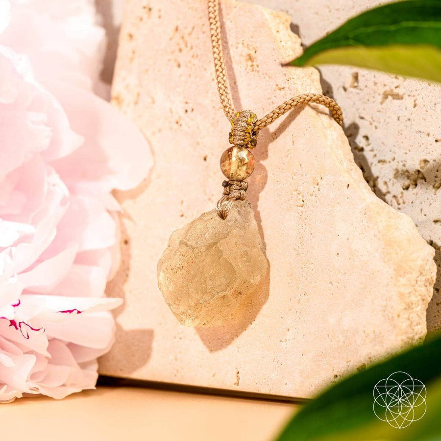 Libyan Desert Glass Citrine Pendant Necklace with Gold Accents
