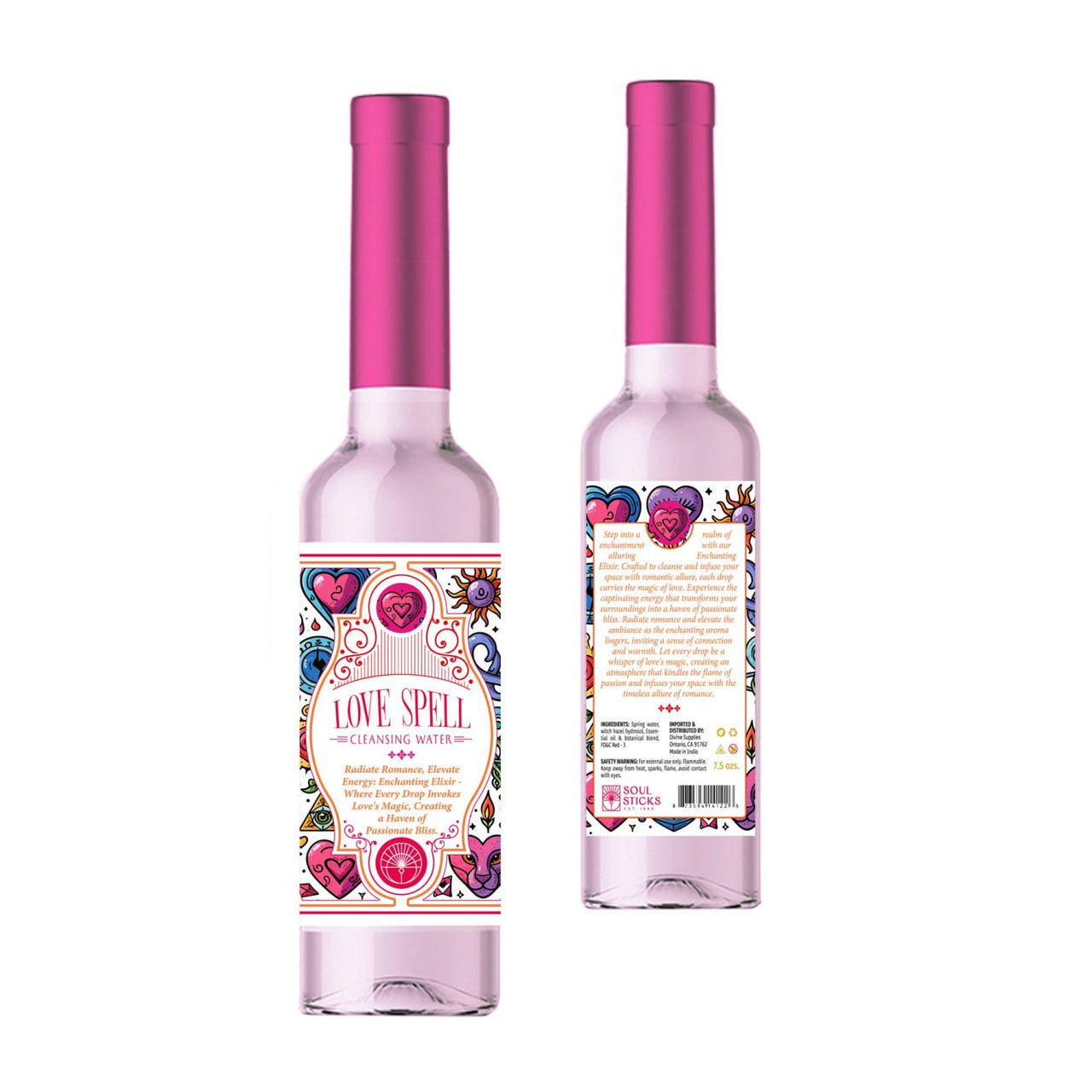 Pink glass bottle of Love Spell Spiritual Cleansing Water from Soul Sicks