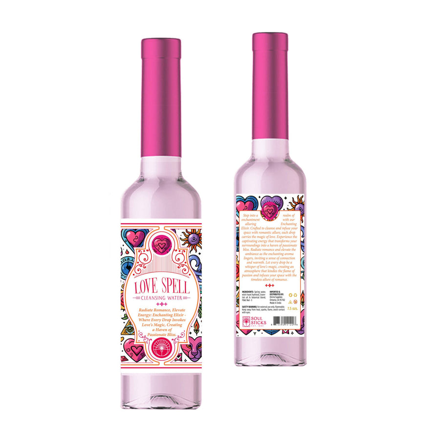 Pink glass bottle of Love Spell Spiritual Cleansing Water from Soul Sicks