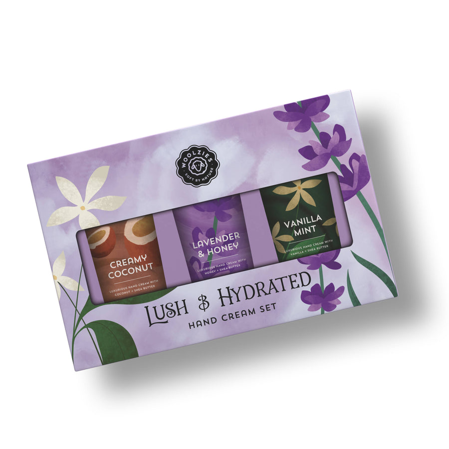 Lush & Hydrated Shea Butter Hand Cream Set of 3 in purple floral box