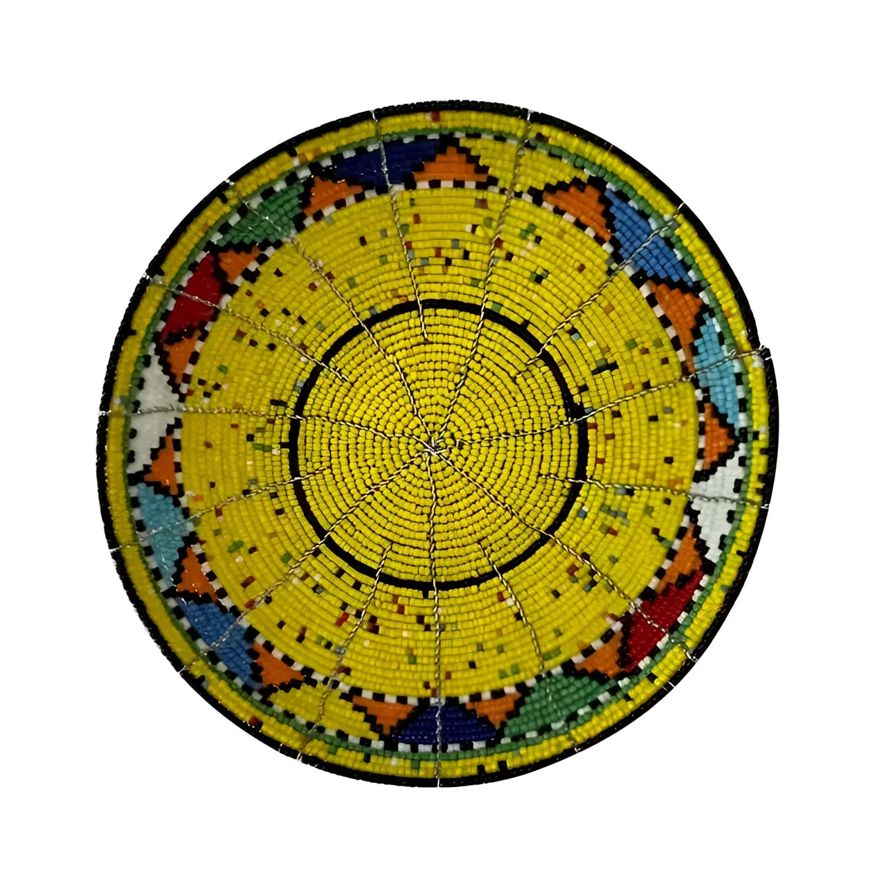 Yellow and black Maasai Beaded Bowl 6’ Multicolor #LV3771 - Circular Beaded Tray