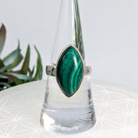 Green malachite marquise ring displayed in Malachite Sz 8 Marquis S.S. Ring #LV7213