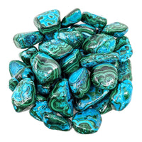Polished Malacholla stones with turquoise and green swirls showcasing item tier benefits
