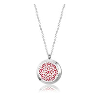 Mandala Aromatherapy Essential Oil Diffuser Necklace in gift box with red and white enamel pendant