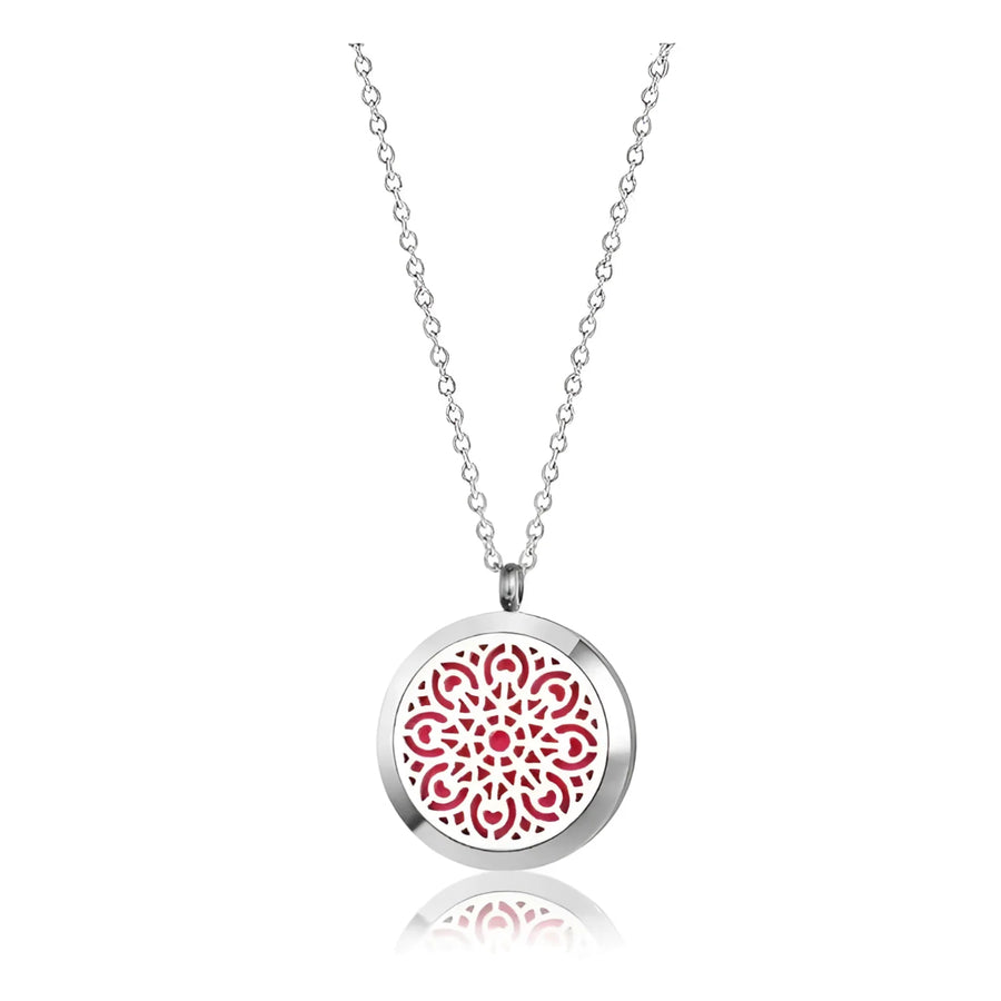 Mandala Aromatherapy Essential Oil Diffuser Necklace in gift box with red and white enamel pendant