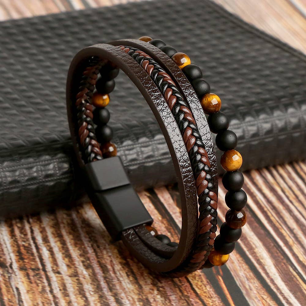 Brown leather and beaded bracelet from Men’s 9 Inch Leather and Gemstone Bracelets Style LV7345