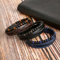 Three beaded leather bracelets in a men’s 9 inch gemstone and leather bracelet collection