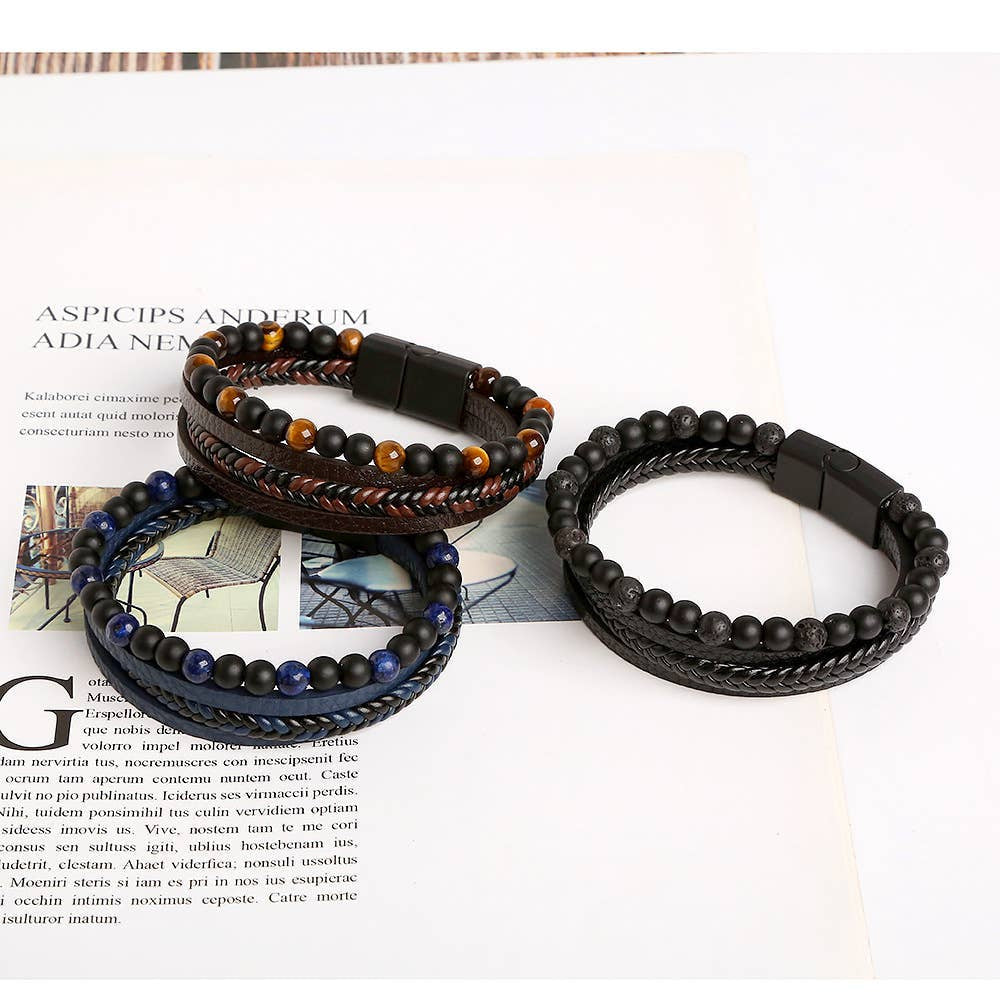 Three multi-strand beaded bracelets on a display for Men’s Leather and Gemstone Bracelets LV7345