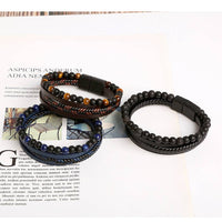 Three multi-strand beaded bracelets on a display for Men’s Leather and Gemstone Bracelets LV7345