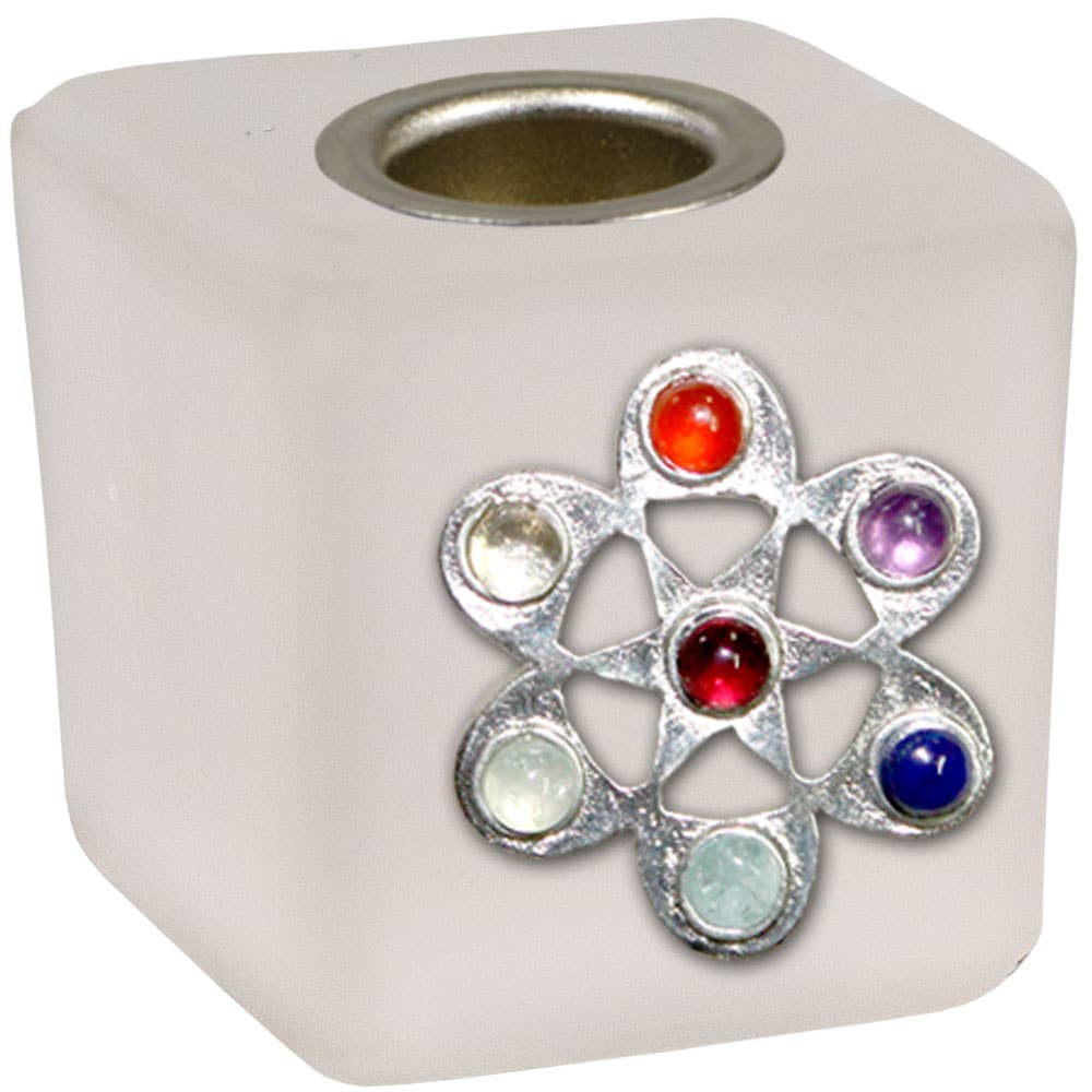 Square glass candle holder with chakra stones for spiritual healing and decor
