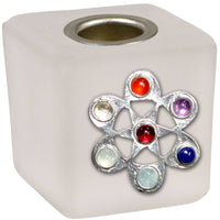 Square glass candle holder with chakra stones for spiritual healing and decor